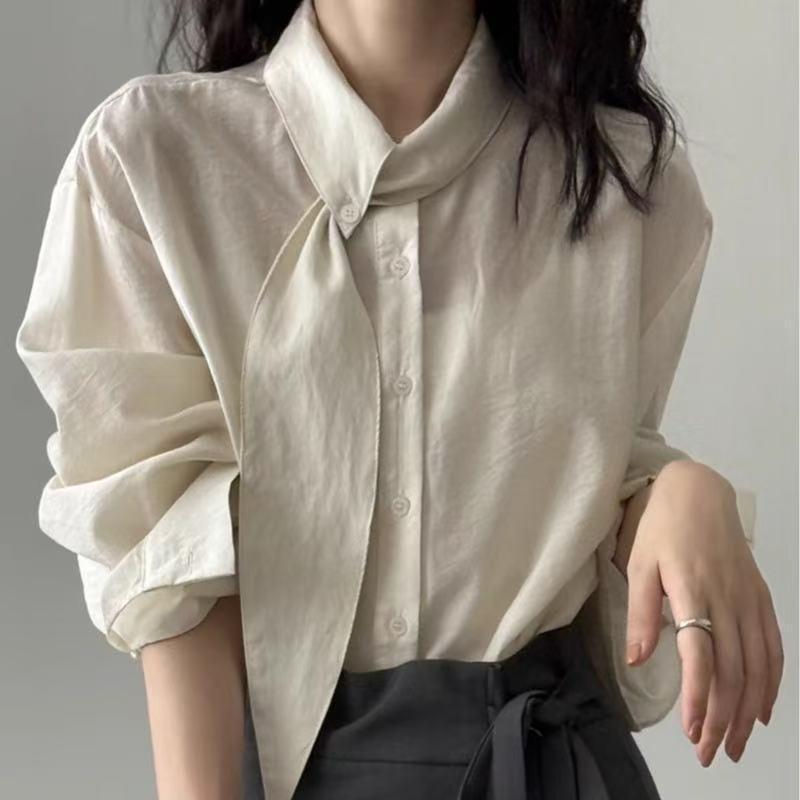 Korean-Style Scarf Collar Women's Long Sleeve Shirt - Spring/Autumn Loose-Fit French Top