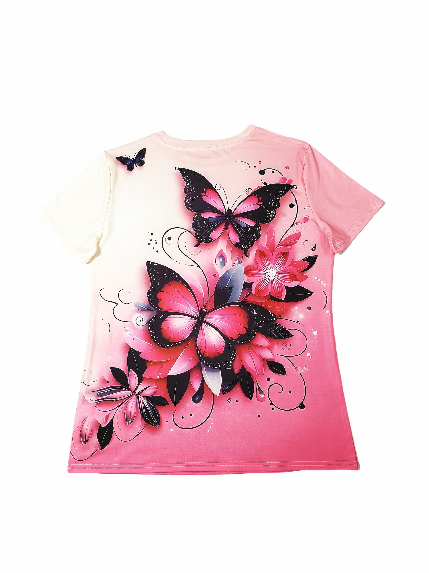 

A Women s Cute Butterfly and Floral Print Casual T-shirt - Springsummer Short-sleeve Round-neck Top with Adorable Print. Soft Polyester and Spandex Bl M дубильная кора