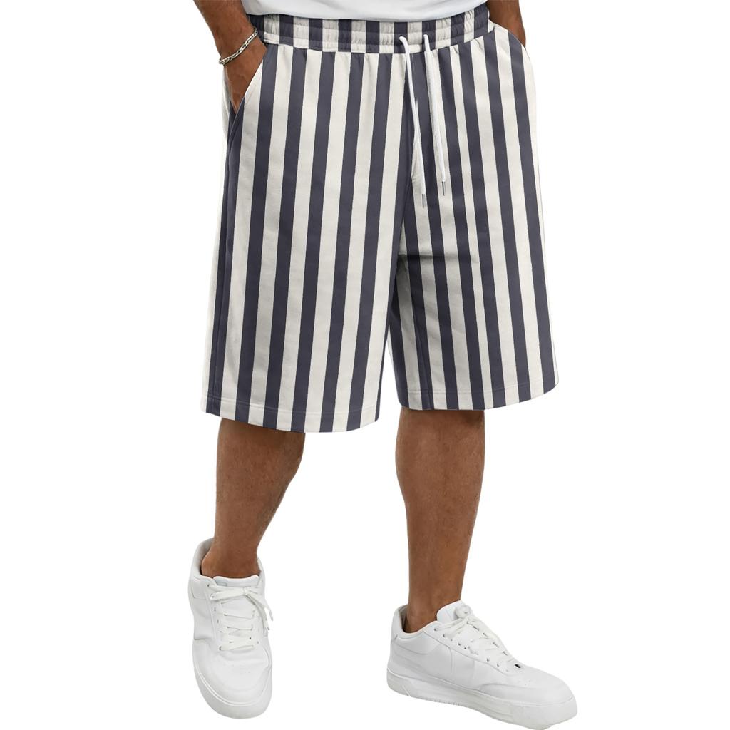Mens Casual Striped Drawstring Shorts Relaxed Fit Elastic Waistband Lightweight Breathable Fabric Knee Length Pants