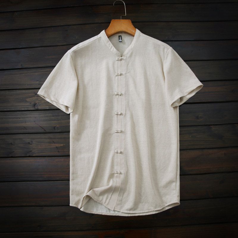 Cool and Breathable, Chinese-Style Linen-Like, Export Surplus Men's Summer Skin-Friendly Soft-Touch Small Stand-Up Collar Short-Sleeve Shirt