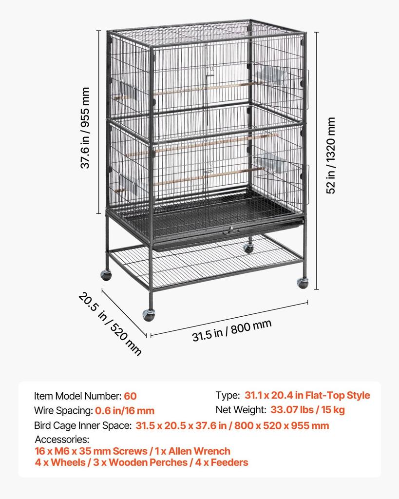 Bird Cage, 800 x 520 x 1320mm, Flat Top, Wrought Iron Bird Flight Cage with Perches, Slide-Out Tray and Plastic Feeders, Casters, for Parrot, Blue