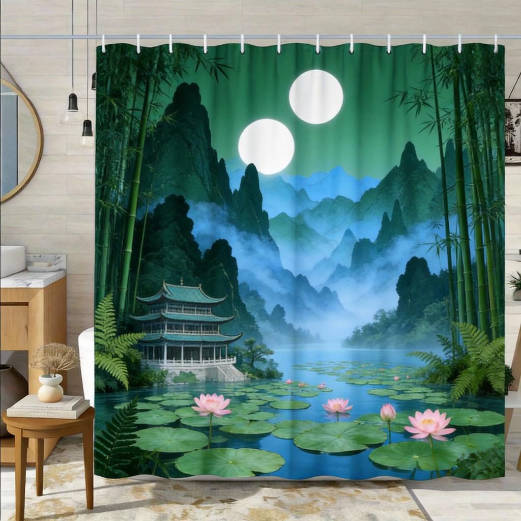 Chinese Landscape Shower Curtain Traditional Pavilion Mountain River Print Polyester Bath Curtain with Hooks for Zen Decor
