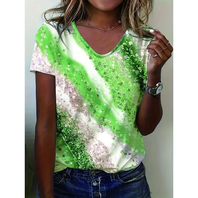 Summer Casual V-Neck Rainbow Printed Short Sleeve Women's T-Shirt Top