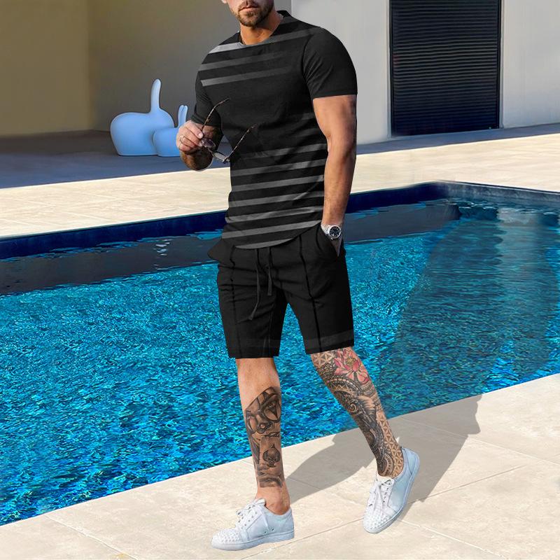 Plus Size Men's Summer Suit Round Neck Short Sleeved Shorts 3D Printed Loose Men's Casual Sports Set
