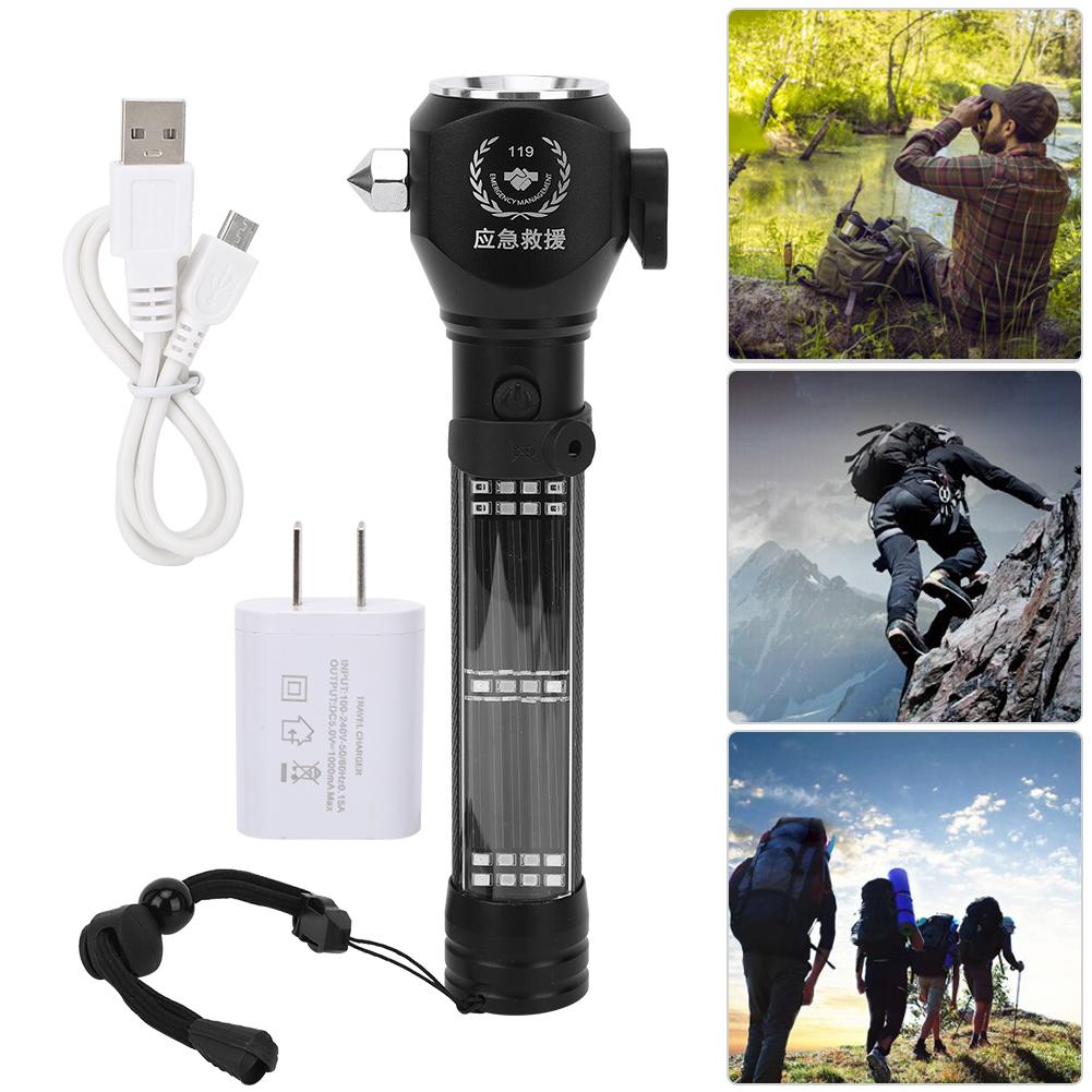 Solar Power Working Lamp Outdoor Defensive Strong Light Multifunction Emergency Flashlight with Safety Hammer