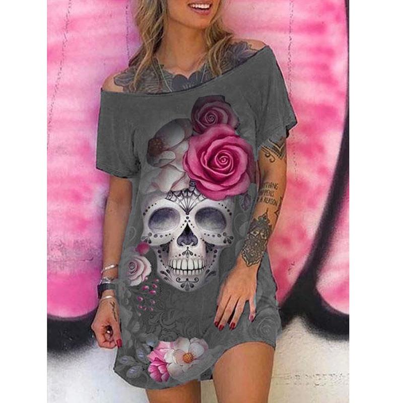 Damenmode, locker, lässig, kurzärmelig, mit Totenkopf-Motiv, schulterfrei, sexy Minikleid, Übergröße