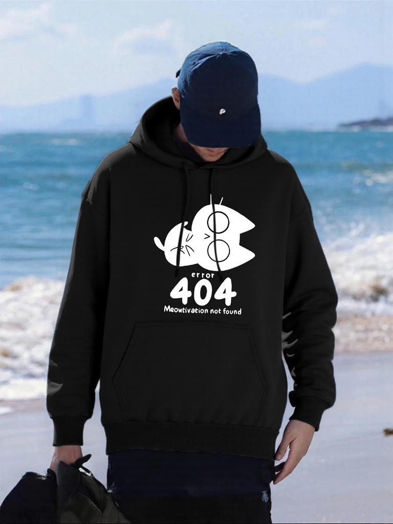 Error 404 Meow Cartoon Cat Pattern Hoodies Male Hip Hop Oversized Hoody Fashion Fleece Clothes Pocket Multicolor Pullovers