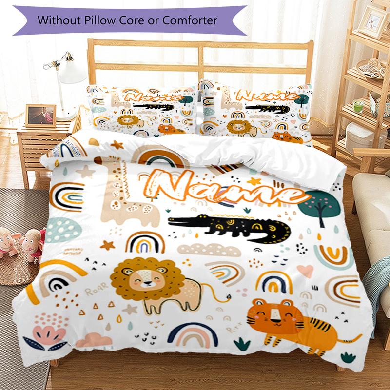 3pcs Custom Name Animals Bedding Set Duvet Cover Closure Includes 1 Duvet Cover & 2 Pillowcases, Soft and Comfortable for All Seasons.