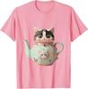 Süße Katze Pastell Teekanne Katzen-Teeliebhaber Neuheit Y2k Design T-Shirt Damenmode Streetwear Kleidung Kitty Grafik-T-Shirt Top
