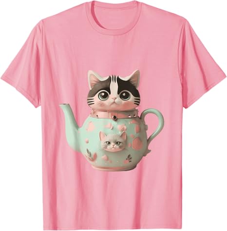 Süße Katze Pastell Teekanne Katzen-Teeliebhaber Neuheit Y2k Design T-Shirt Damenmode Streetwear Kleidung Kitty Grafik-T-Shirt Top
