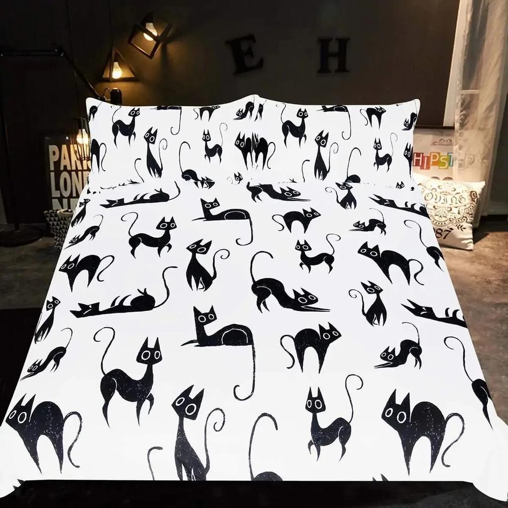 Witch Black Cat Duvet Cover Set Full Vintage Gothic Cat Sitting on Moon Bedding Set for Halloween Decor