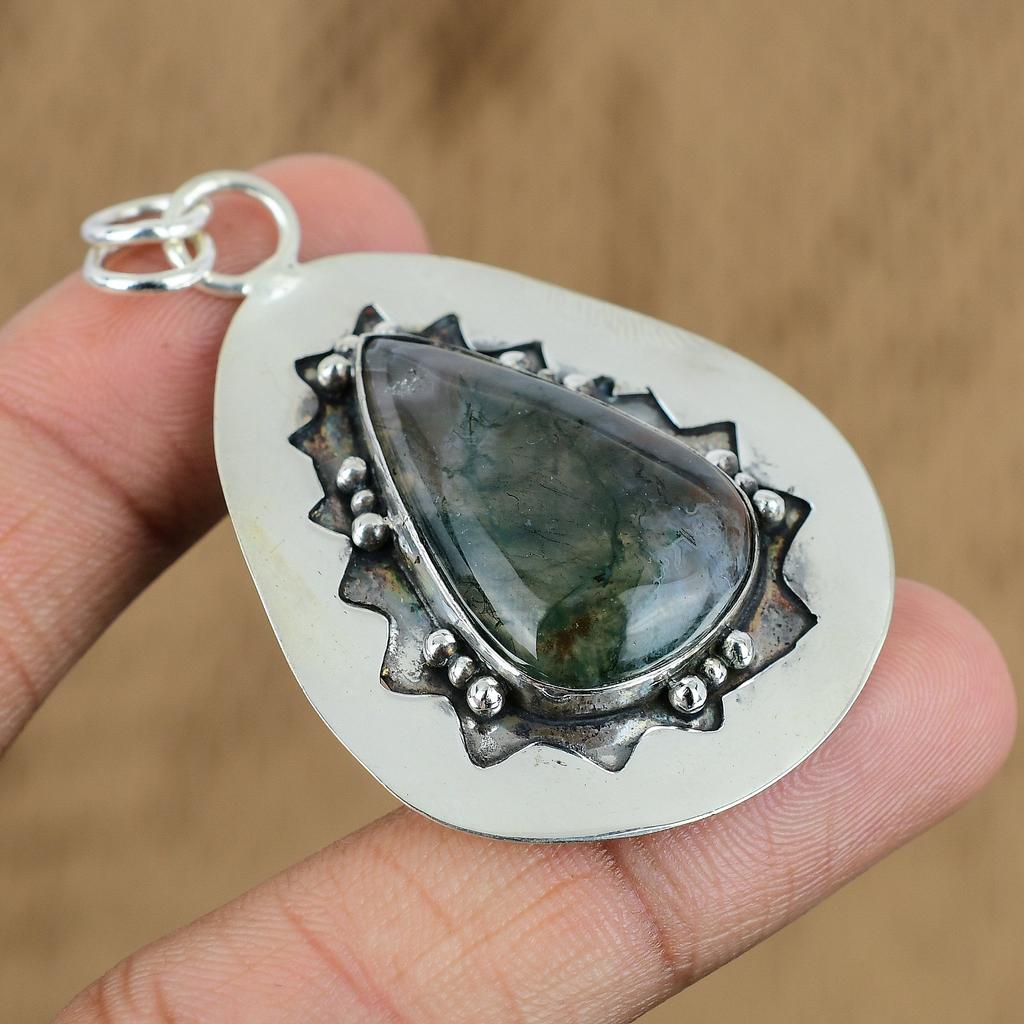 Natural Solar Moss Agate Gemstone Pendant Green 925 Sterling Silver Jewelry