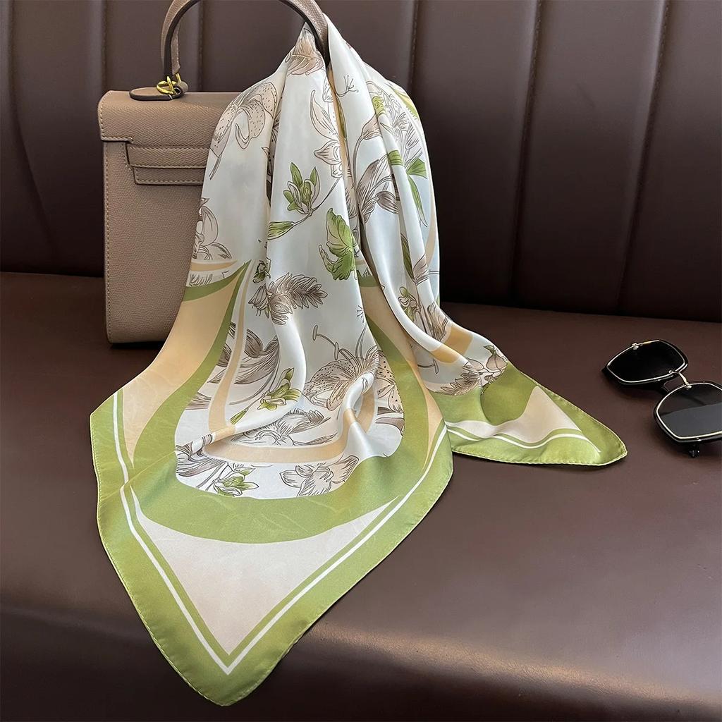 Luxury Design Floral Print Scarf Women Imitation Silk Square Neckerchief Hairbands Foulard Female 70x70cm Bandanas