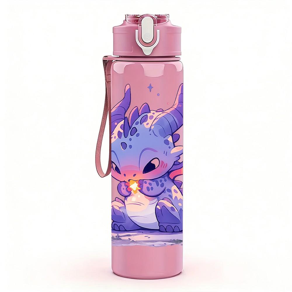 1PC Purple Baby Dragon Fantasy Print 750ml Color Plastic Sports Water Bottle Leakproof Flip Straw Lid Suitable for Sports Office Home Use