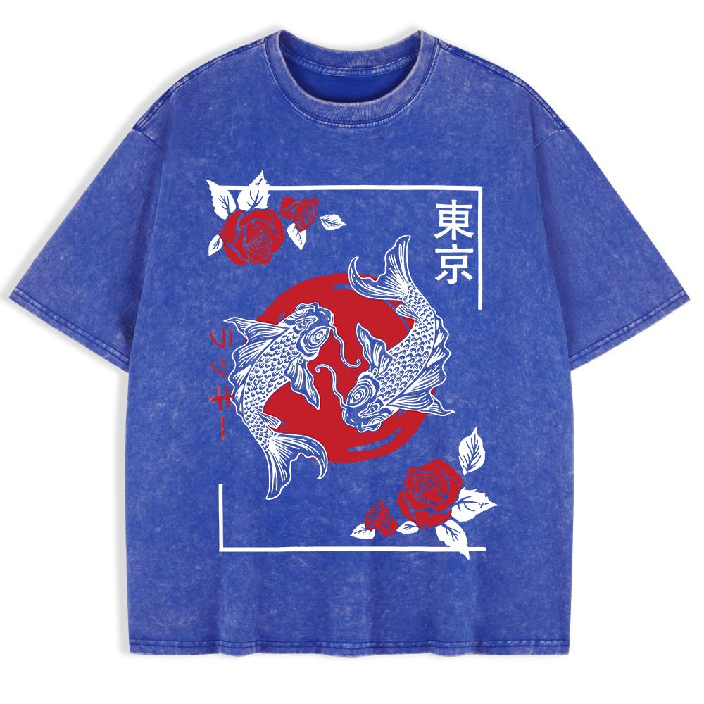 Tokyo Koi Fish Rose Harajuku Washed T-Shirts Mens Cotton Short Sleeve Tops Street O-Neck Oversize T Shirt Summer Clothes