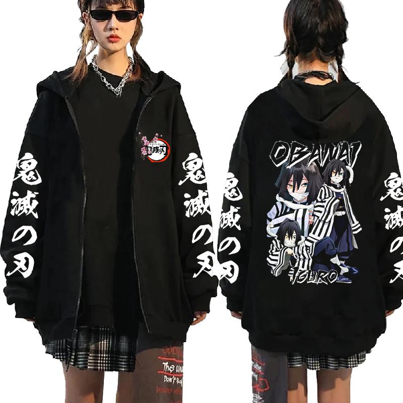 Harajuku Anime Demon Slayer Iguro Obanai Print Hooded Men Women Classic Zipper Hoodies Casual Loose Sweatshirt Unisex Zip Jakcet