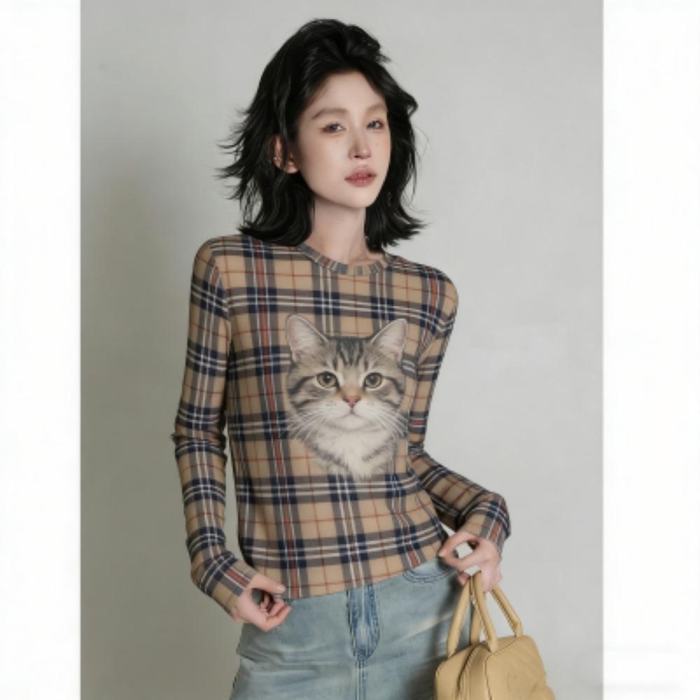 Spring Europe America Fashion Animal Cat Print Women's T-shirt Casual Pullover Women Long Sleeve Clothing Outdoor Casual Tees Top