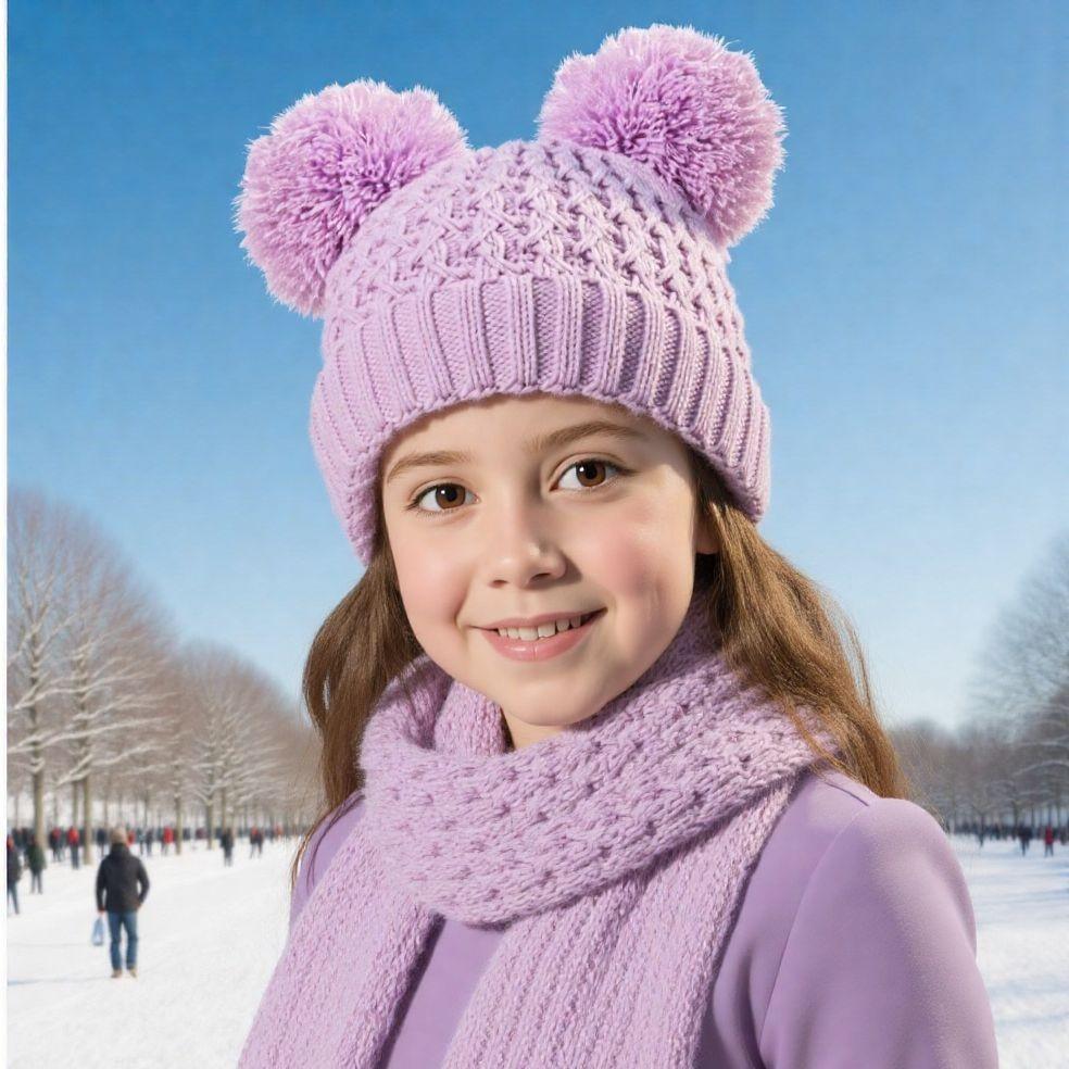 3pc3-12Y Children's Hat, Scarf and Glove Set, Children's Thickened Winter Hat with Snowflake Color Pattern Knitted Cap