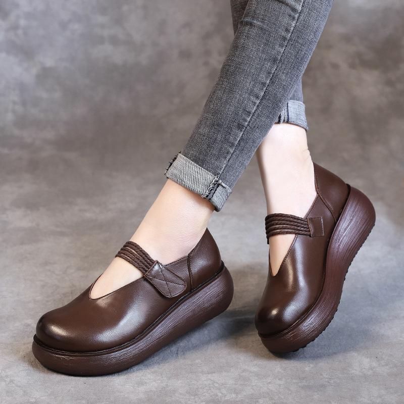 Fashion GKTINOO Genuine Leather Flat Platform Shoes For Women Retro Thick Heel Wedges Handmade Casual Shoes Leisure Ladies Platform Shoe