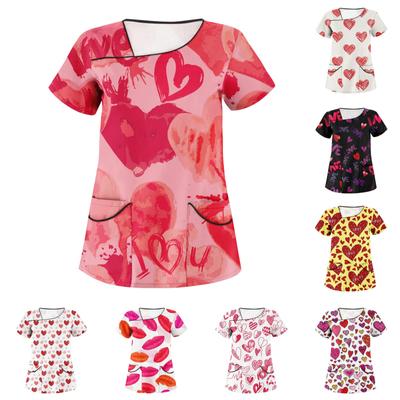 Damen-Arbeitsschutzoberteil mit bedrucktem Valentinstags-Print, schrägem Kragen und zwei Taschen