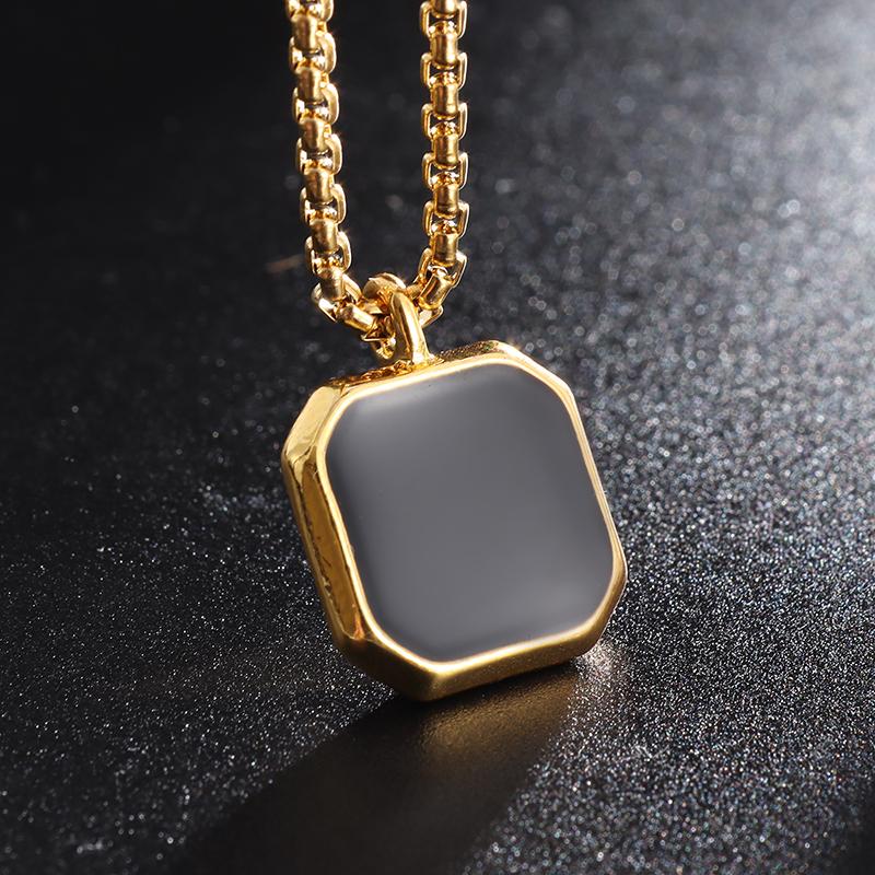 Stainless Steel Classic Geometric Polygonal Black Square Natural Stone Necklace Pendant for Men Fashion Casual Punk Jewelry Gift