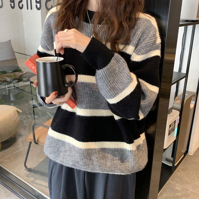 Contrast Striped Sweater Women's Spring and Autumn Korean Version Retro Loose Languid Style Thick Knit Top