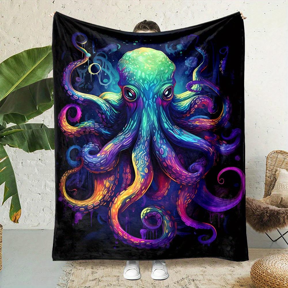 Colorful Octopus Print Flannel Throw Blanket - 100% Polyester Non-Woven Fabric, Digital Printing, Soft and Durable, Reversible