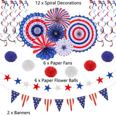 New 26PCS 4th of July American Flag Independence Day Party Supplies Paper Fans Set