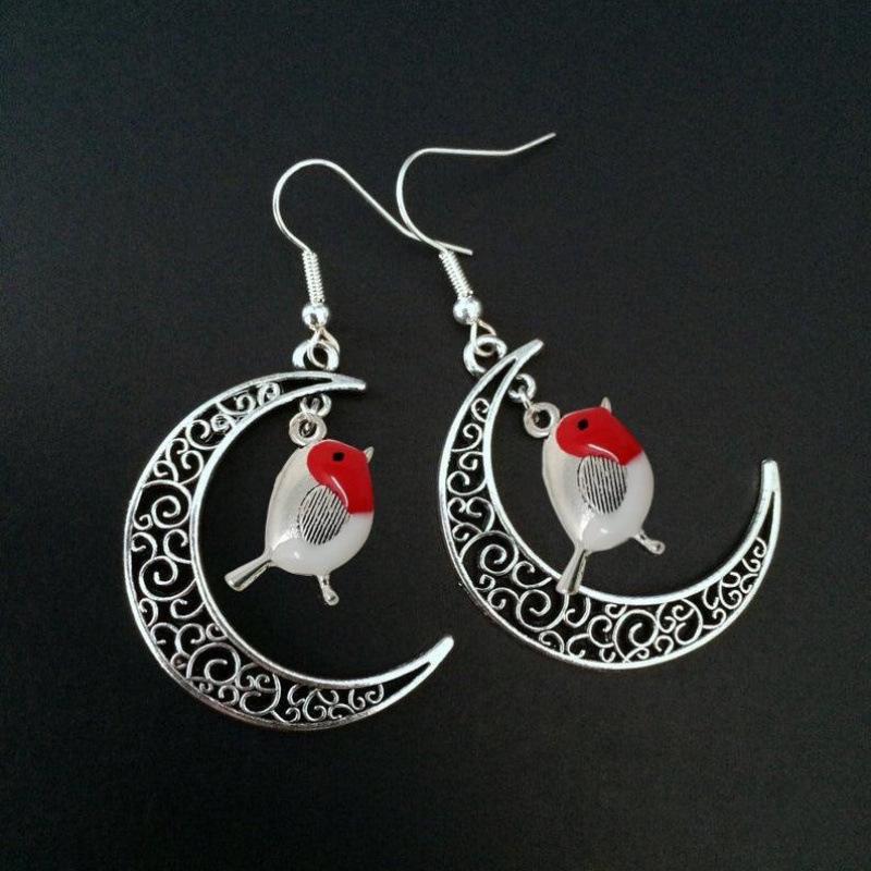Bohemian Retro Colorful Bird Moon Earrings