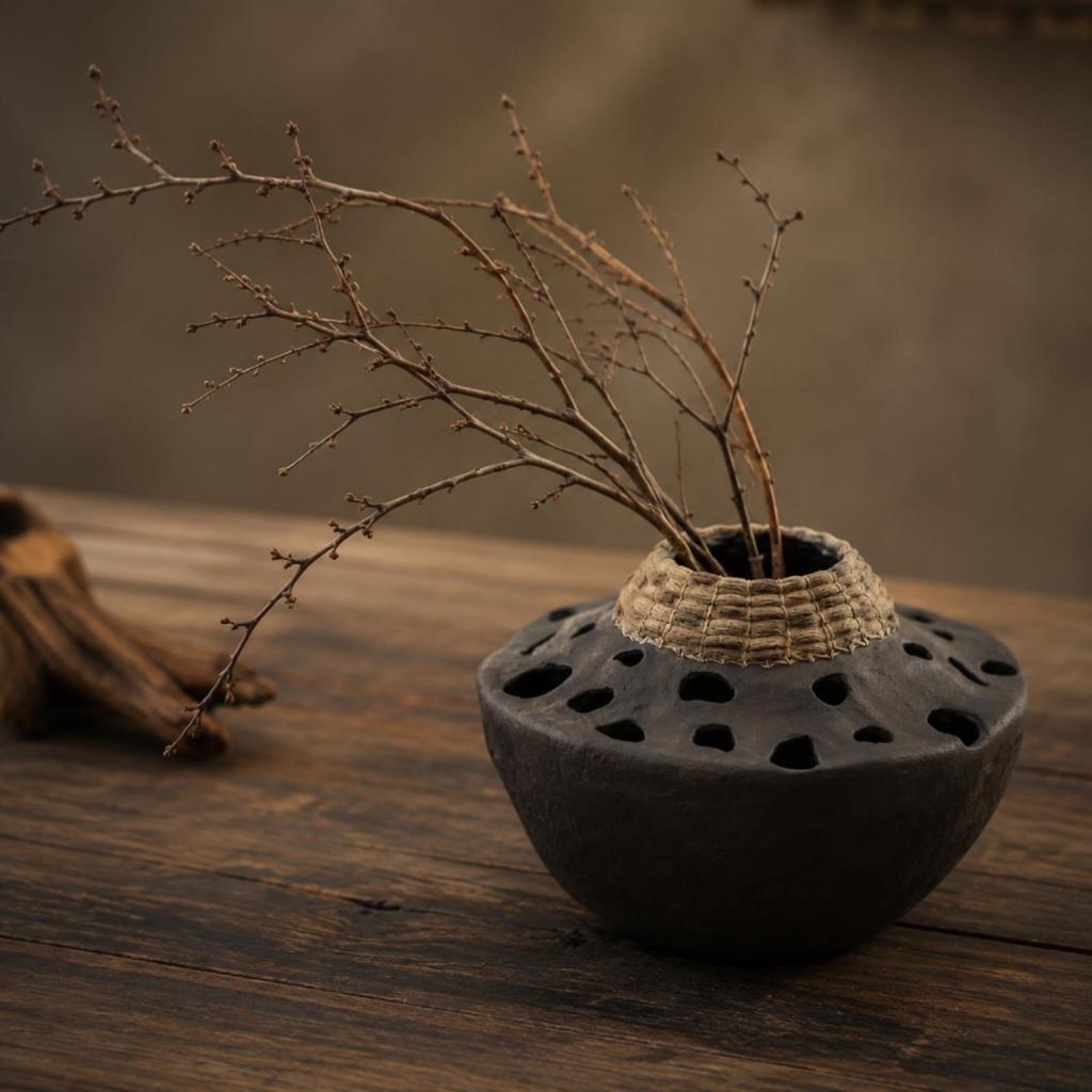 Textured HandcraftedStyle Vase Rustic Round WabiRustic Elegance for Hospitality Areas,