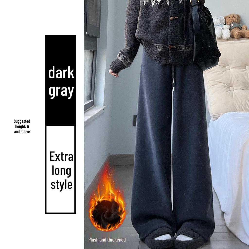 Women's High-Waisted Corduroy Pants - White Fluffy Lambswool, Wide-Leg, Plus Velvet Thickened & Slimming for Autumn/Winter