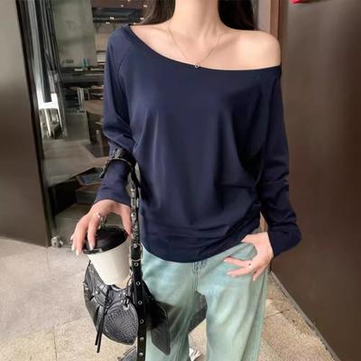 Pure Desire One-word Shoulder White Diagonal Shoulder Long-sleeved T-shirt Women's Autumn and Winter Loose Bottoming Shirt Lazy Chic Beautiful Top