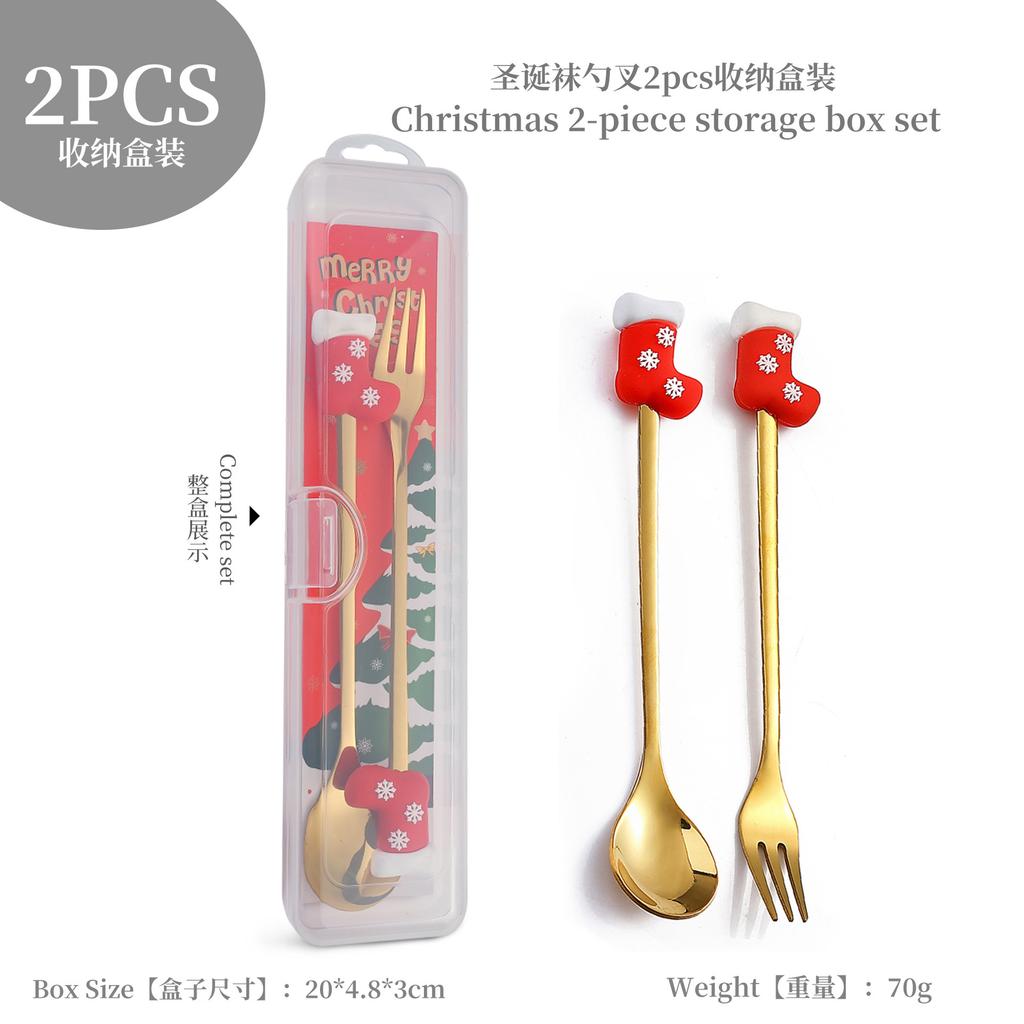 Christmas Fork Spoon Set, Dessert Coffee Spoon Fruit Fork Christmas Doll Tableware Gift Box