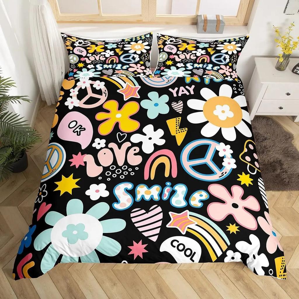 Rainbow Duvet Cover Kawaii Tropical Fruits Bedding Set Pineapple Lemon Doughnut Orange Strawberry Comforter Quilt Cover Set