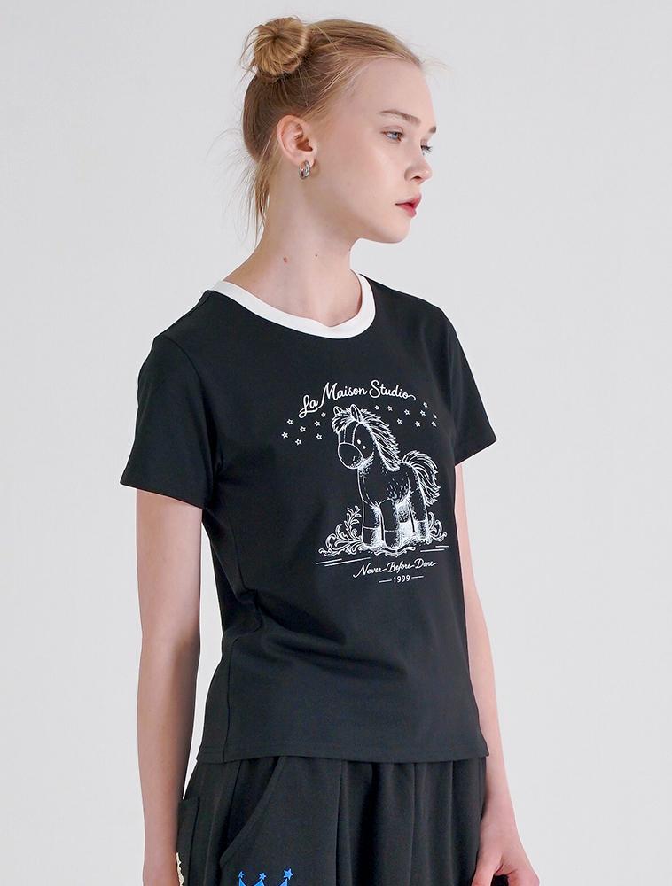 LA MAISON STUDIO Toy Pony Slim Fit Short Sleeve T-Shirt Black Cream (Fcg2Ts768W)