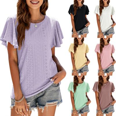 DX Women's Summer New Women's T-shirt Hollowed-out Waist Ruffle Sleeve Casual Top