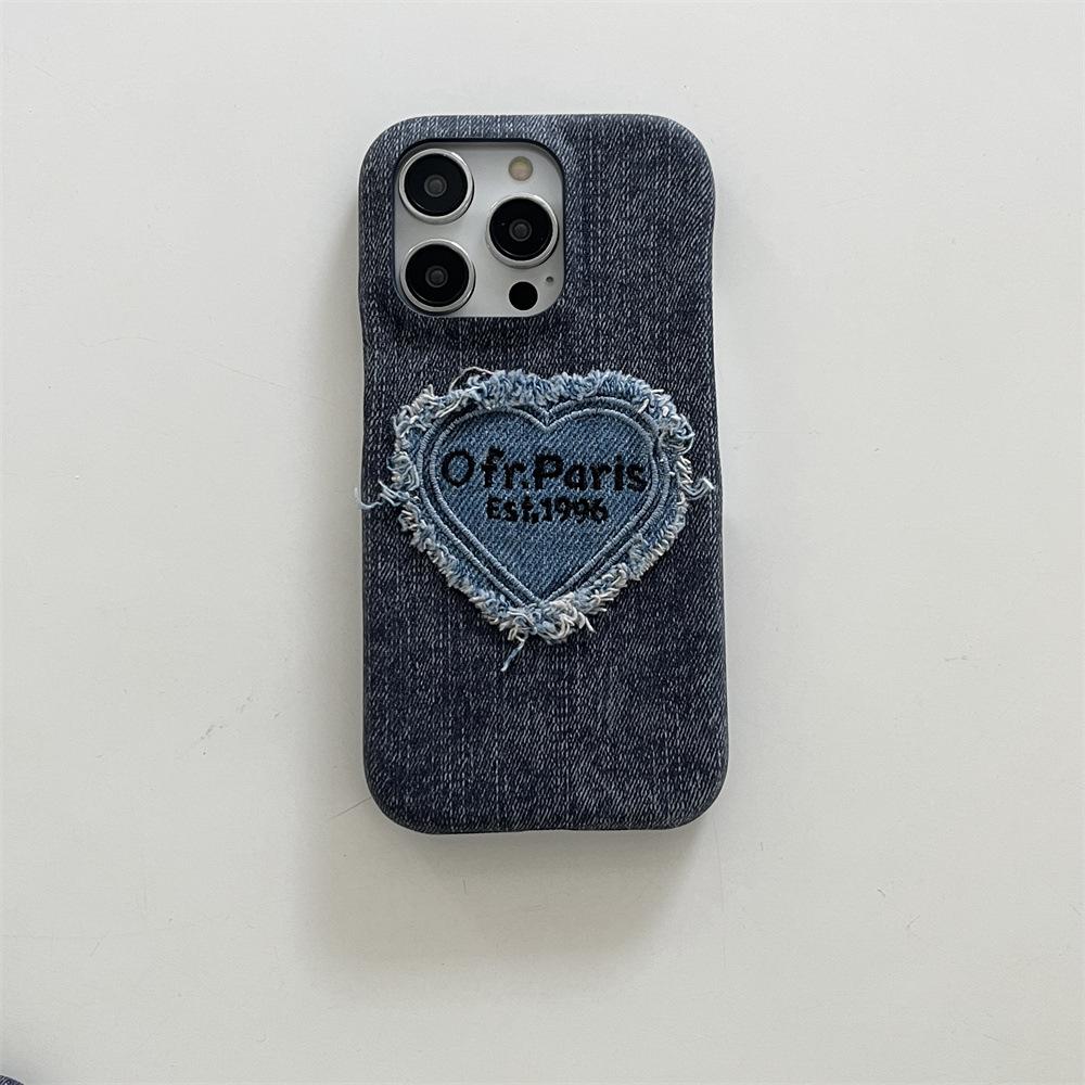 Denim Embroidery Heart Cartoon Phone Case for iPhone 13/12/14/15/16/17 PRO