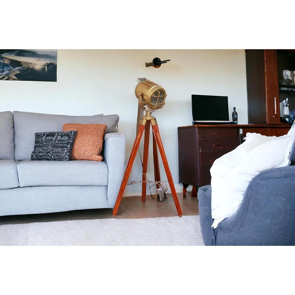Metal Brass Floor Lamp Wooden Tripod Stand with Adjustable Height and Rotatable Arm Perfect Incandescent Lighting for Living Rooms