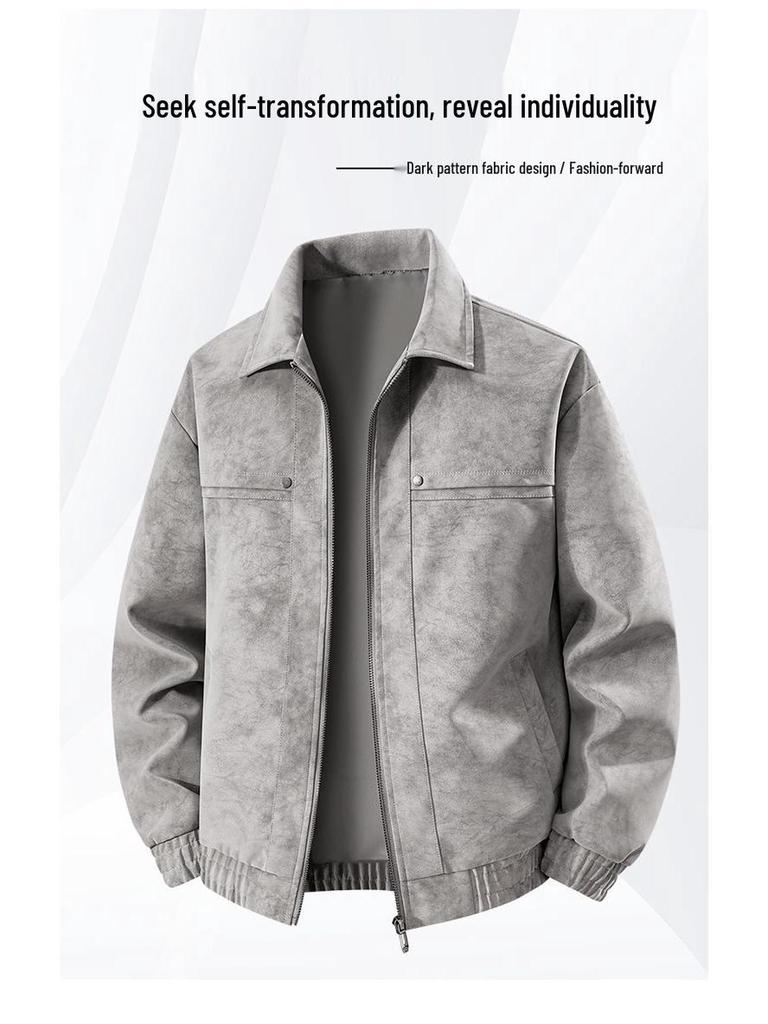 Retro Skórzana Kurtka z Klapami: Wiosna i Jesień, Męskie Duże Rozmiary, Luźne Codzienne, Wszechstronne i Modne