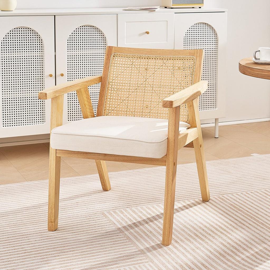 Rattan Chair, Mid Century Modern Dining Chair with Armrest, Upholstered Chair with Rattan Back, Retro Rattan Dining Room Kitchen Chair for Living