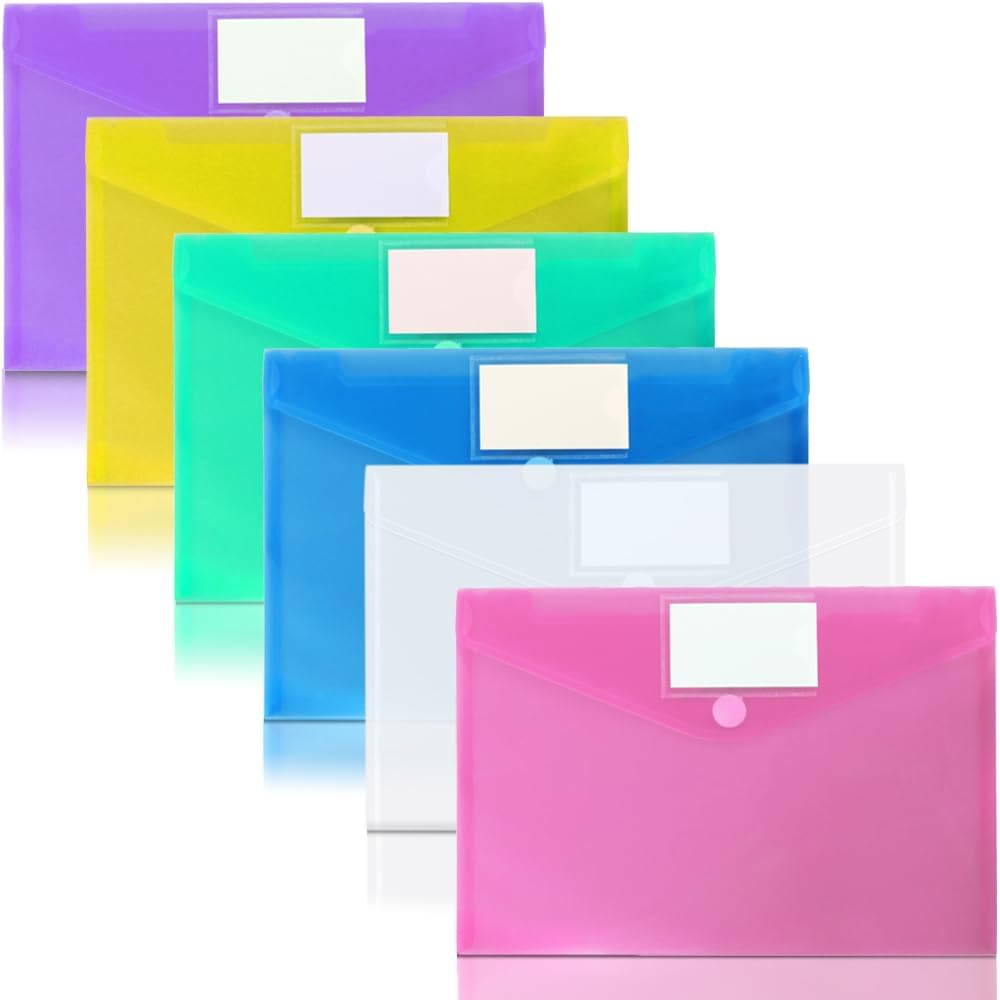 11 Pack Plastic Poly Filing Envelopes, Clear Document Folders US Letter A4 Size File Envelopes with Label Pocket & Paste Button for School Home Work