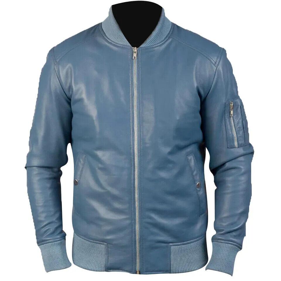 Men's Genuine Leather Blue Lambskin Bomber Stylish Biker Jacket Handmade Casual
