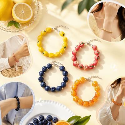 Glossy Beads Fruit Beaded Bracelet Gold Tone Clasp Beaded Wrist Jewelry  Gift for Girls