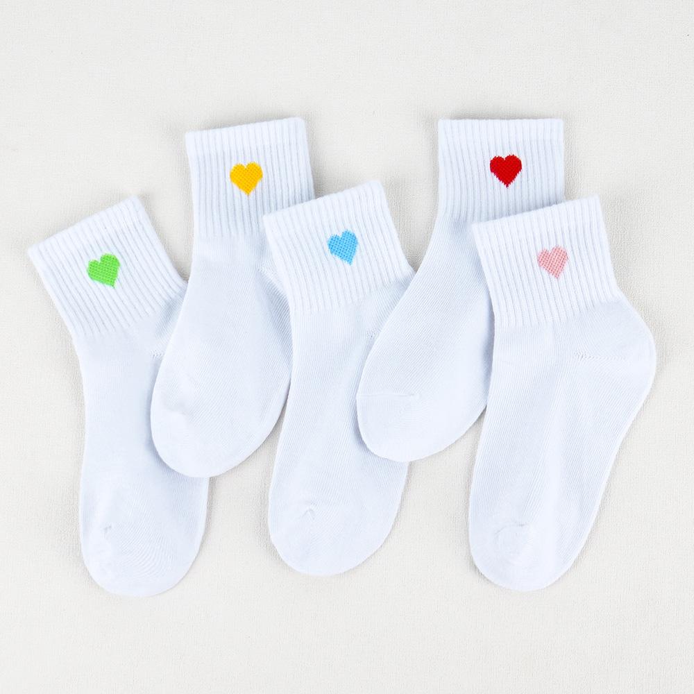 5 Pairs Girls Cute Heart Pattern White Socks Comfortable Breathable Cotton Kids Daily Wear Socks