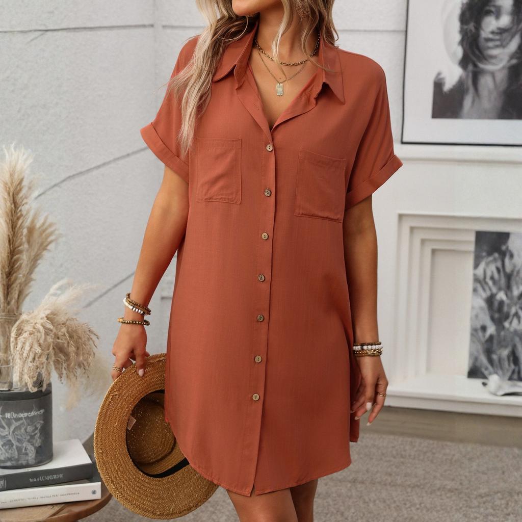 Ladies' Summer Loose Comfortable Casual Fashionable Solid Color Short Sleeved Cotton Linen Medium Length Shirt Dress
