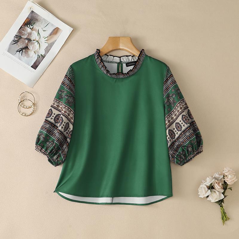 ZANZEA Women Ethnic Print Splice Round Neck Loose Half Sleeve Blouse