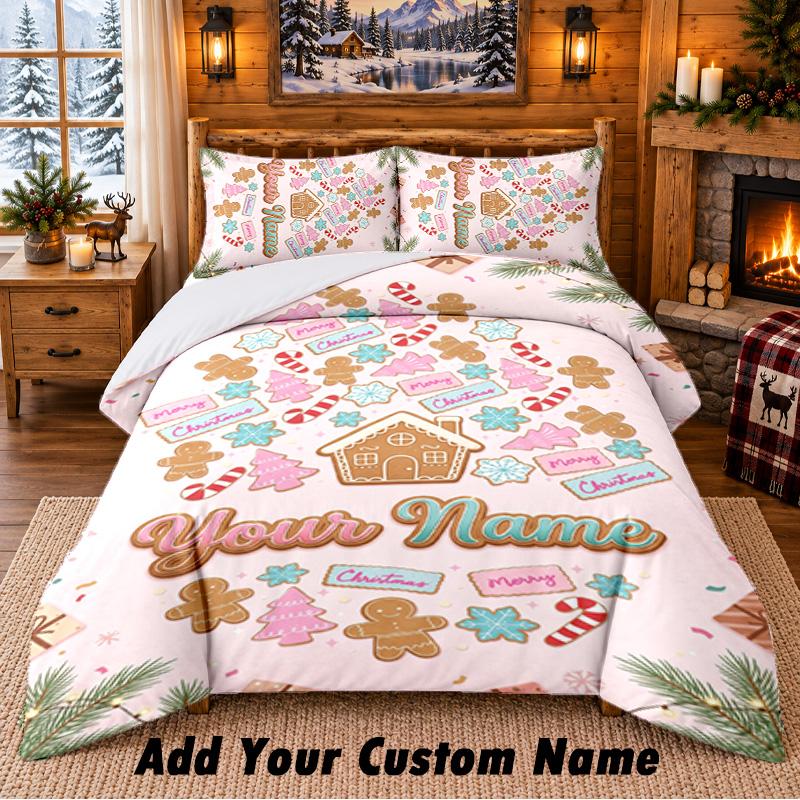 Christmas Custom Name Pattern Bedding 3Pcs Set Bed Sheet Pillowcases Indoor Bedroom Holiday Gift