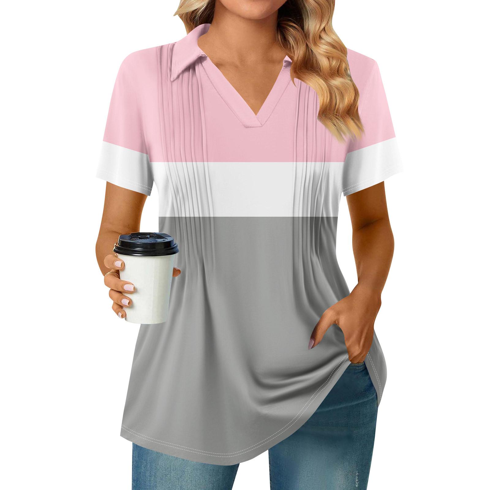 

Женские футболки с коротким рукавом, плиссированные, с V-образным вырезом, с принтом, с воротником, летние топы, модные, деловые, повседневные, рабочие XXXL