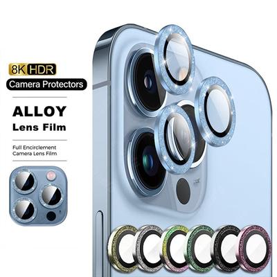 1 Set For iPhone 15 Pro Max Bling Glitter Diamond Tempered Glass Camera Lens Protector Metal Ring