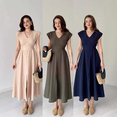 2025 Summer European & American Women's High-Waisted Slim Fit Linen-Style Slit Dress